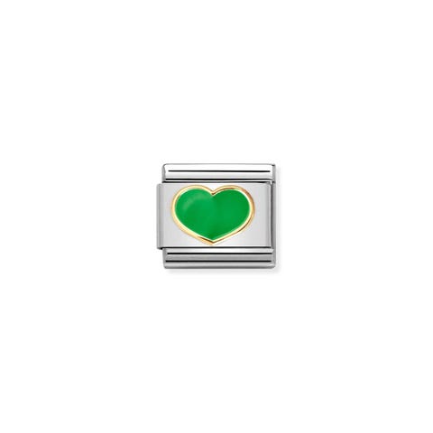 Composable Classic Link, gold with Green Heart Link in stainless steel with Love symbol in 18K gold