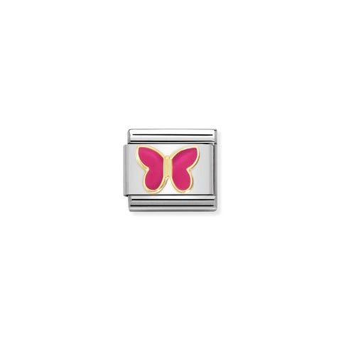 Link Composable Classic or avec papillon fuchsia Link en acier avec symbole papillon en or 750 et émail