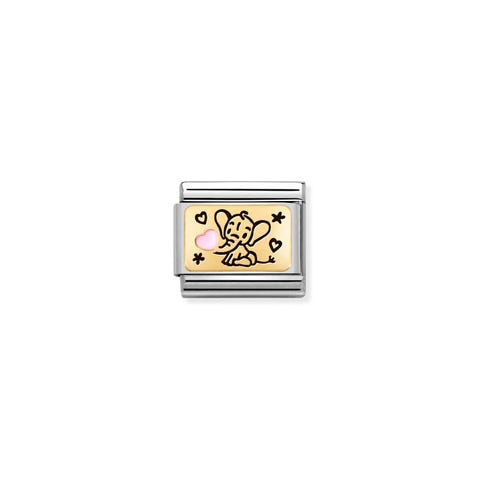 Composable Link, Pink Elephant Link with newborn symbol in 18K gold and Pink enamel