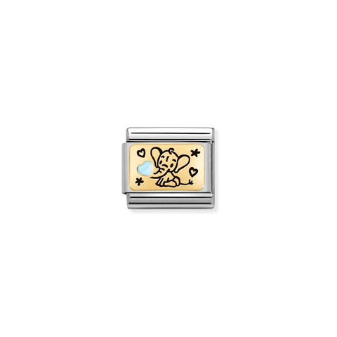 Composable Link, Light Blue Elephant Link with newborn symbol in 18K gold and Light Blue enamel