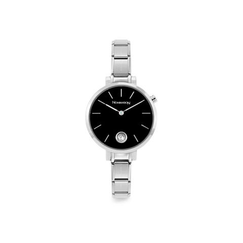 Composable watch, black with Cubic Zirconia Stainless steel Watch with Sunray Black clock face