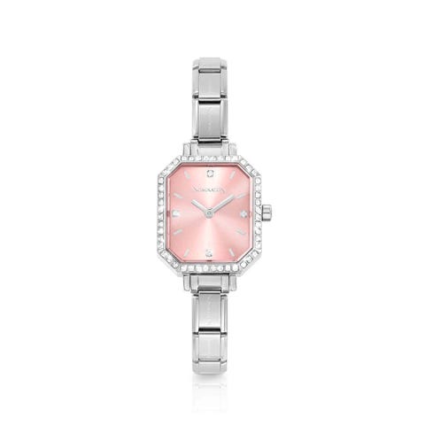 Composable Armbanduhr Paris mit rosa Steinen Armbanduhr in anallergischem Edelstahl mit weißen Cubic Zirkonia