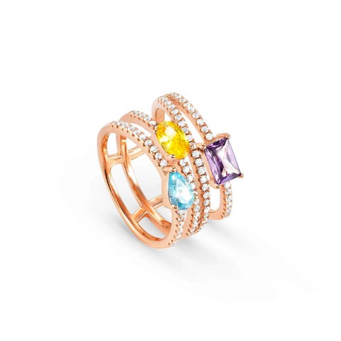 Colour Wave ring, coloured stones Sterling silver ring, rose gold finish