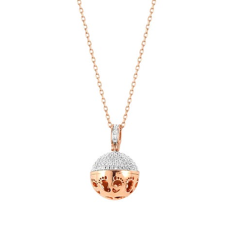 Rose gold New Born necklace, Baby Feet Bell for Mums-to-be in sterling silver with white stones 