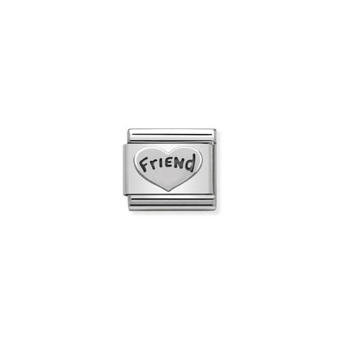 Composable Classic Friend Heart in Enamel Link in silver and black enamel with writing