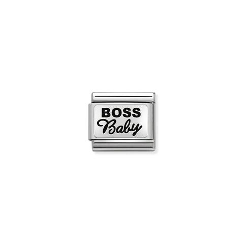 Composable Classic Link Boss Baby Link in Silber mit Schrift in Emaille. #oneformeoneforyou