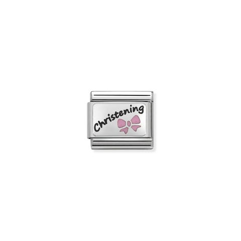 Composable Classic Pink Christening Link Link with writing in black enamel and pink Bow