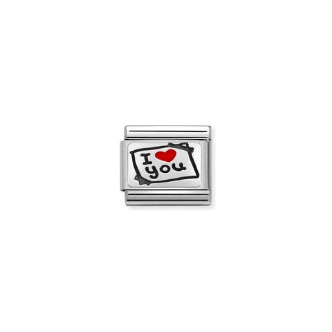 Composable Link Post-It  I LOVE YOU, Red Heart Link with text in sterling silver and enamel