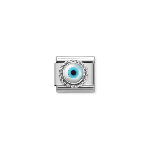 Composable Link, Greek Eye, sterling silver Link in stainless steel with lucky symbol in sterling silver