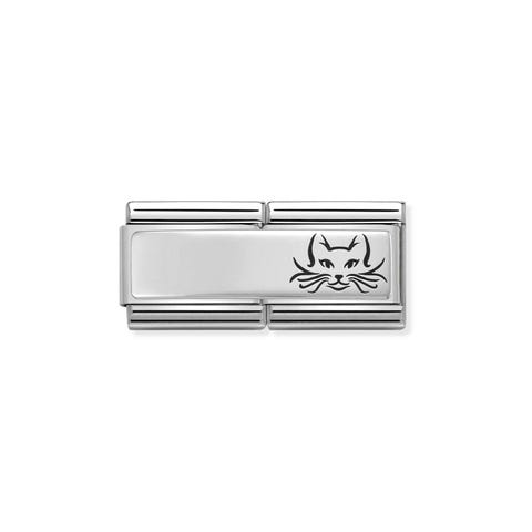 Classic Composable Double Link Cat Link for Inscription in Sterling Silver and Cat in Enamel
