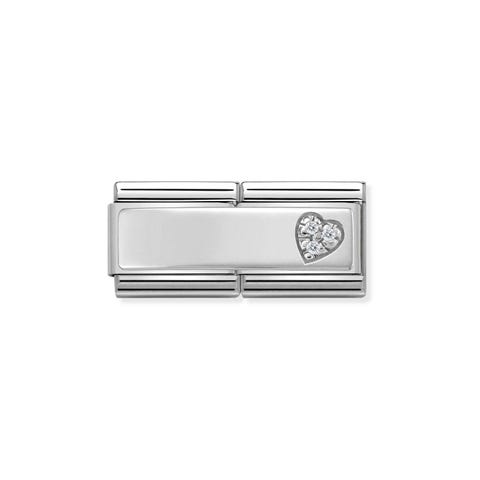 Classic Composable Heart Double Link Sterling Silver Inscribable Link with Cubic Zirconia Heart