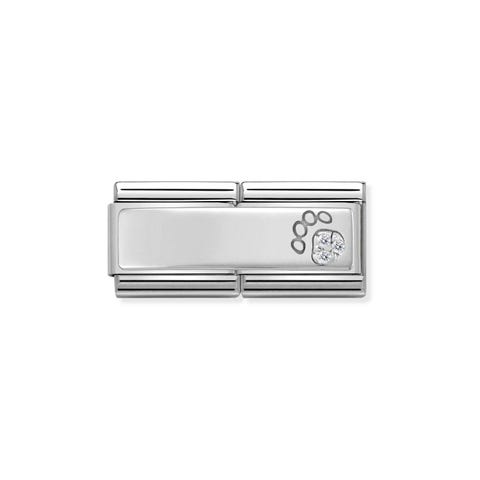 Classic Composable Double Link in Silver with Paw Print Sterling Silver Inscribable Link with Dog Paw and Cubic Zirconia