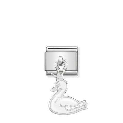 Link Composable Classic Pendentif Cygne Blanc Link en Argent 925 et Émail Symbole avec Cygne Blanc