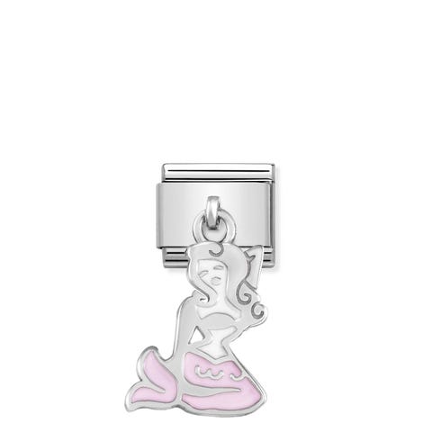 Link Composable Classic Pendentif Petite Sirène en Argent Link en Argent 925 et Émail Symbole avec Pendentif Blanc et Rose symbole imaginaire