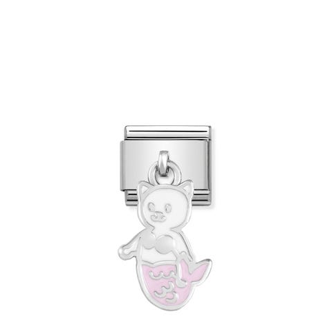 Link Composable Classic Chat Sirène en Argent Link en Argent 925 et Émail avec Pendentif symbole imaginaire Blanc et Rose