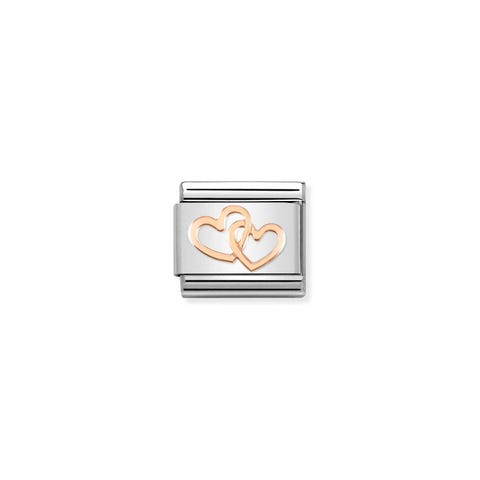 Composable Link, rose gold Hearts Intertwined Link in stainless steel with love symbol in 9K rose gold
