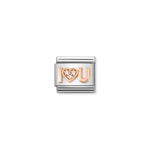 Link Composable Classic I Love You Oro rosa y CZ Link en Acero, Oro rosa 375 y Cubic Zirconia con texto