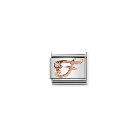 Composable Classic Link Letter F in Rose Gold and Cubic Zirconia Link with Cursive Letter in rose gold and Zirconia