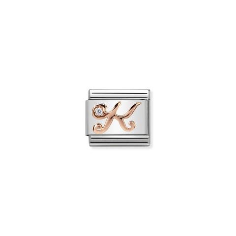 Composable Classic Link Letter K in Rose Gold and Cubic Zirconia Link with Letter K in steel, bonded rose gold and Zirconia