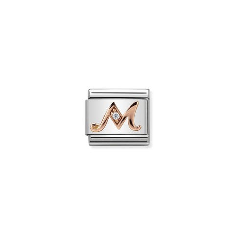 Composable Classic Link Letter M in Rose Gold and Cubic Zirconia Link with Alphabet Letter in bonded rose gold and Zirconia