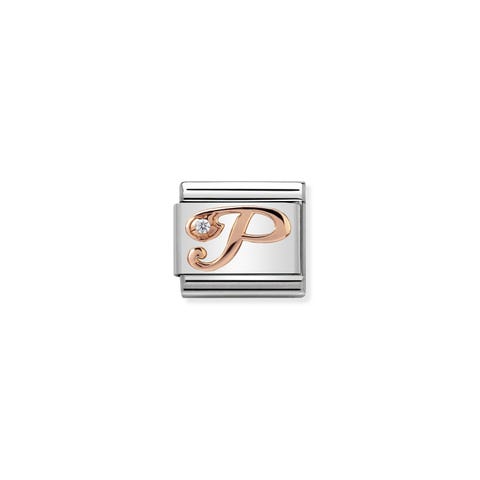 Composable Classic Link Letter P in Rose Gold and Cubic Zirconia Link in stainless steel and bonded rose gold with Letter