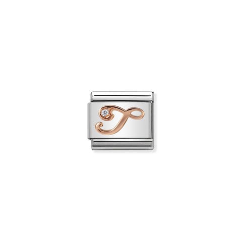 Composable Classic Link Letter T in Rose Gold and Cubic Zirconia Link with Letter in bonded rose gold and stainless steel