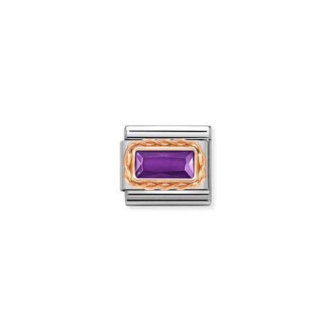 Composable Link, Violet CZ in rose gold Link in stainless steel and 9K rose gold with rectangular stone