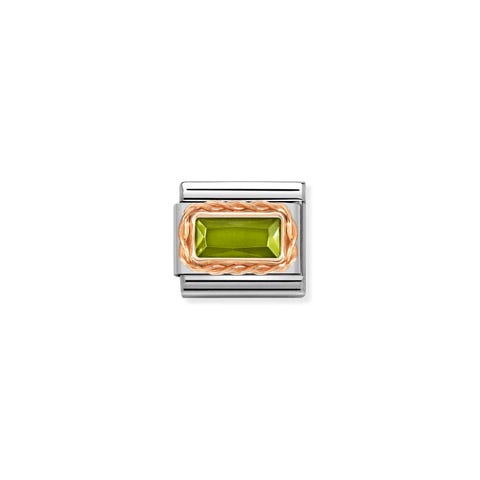 Composable Link, Peridot Green CZ, rose gold Link in stainless steel and 9K rose gold with rectangular stone