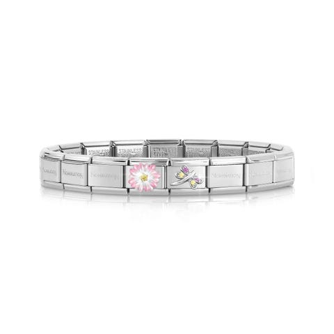 Pulsera Composable Classic Flor y Libélula Rosa Pulsera en Acero con símbolos en Plata, Esmalte y Cubic Zirconia