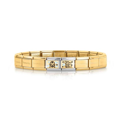 Golden Composable bracelet, Light Blue Elephant + Baby Bracelet for Him with 2 decorated symbols