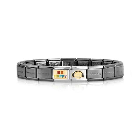 Bracelet Composable Classique Noir Message Be Happy et Smiley Bracelet avec symbole Smiley avec écouteurs et message