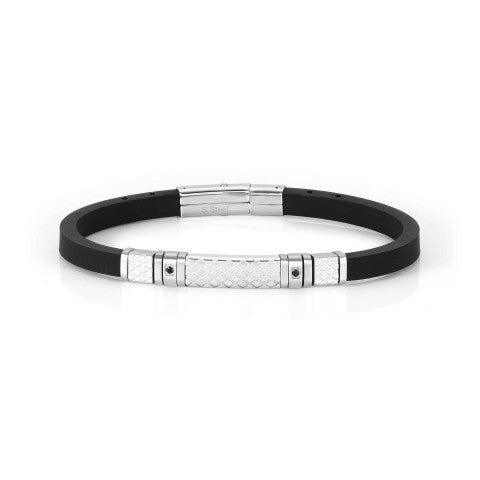 City_bracelet,_Black_stone_and_decorated_plate_Rubber_and_stainless_steel_bracelet_with_black_CZ