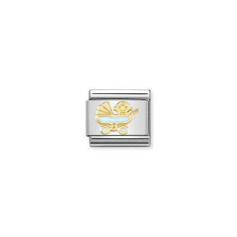 Composable_Link,_Light_Blue_Baby_Carriage_Link_with_newborn_symbol,_18K_gold_and_coloured_enamel